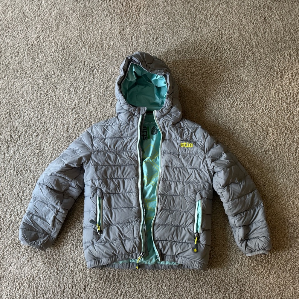 Stio Light Gray Hooded Jacket with Aqua and Yellow Accents